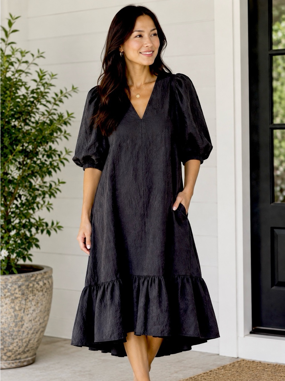 A NEW DAY Black V-Neck Puff Sleeve High-Low Midi Dress size XL